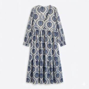 ZARA M Blue Medallion Midi Dress Boho Coastal V Neck Button Front Cottagecore
